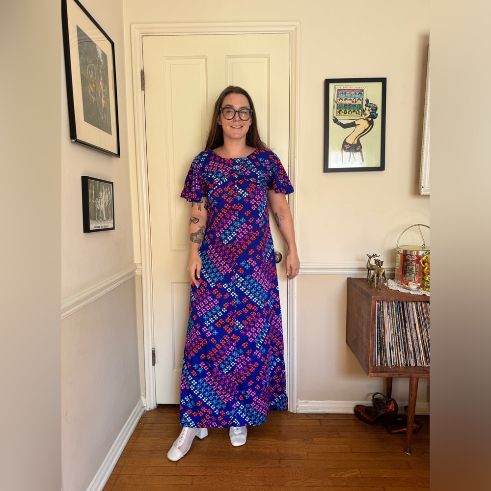 70s Vintage Bright Barkcloth Maxi Dress - Picture 1 of 6